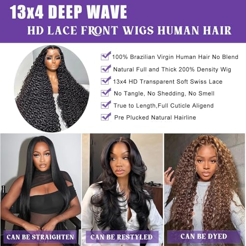 Deep Wave Lace Front Wigs Human Hair 200% Density 13x4 HD Full Lace Frontal Wigs for Women 24 Inch Glueless Deep Curly Human Hair Wig Pre Plucked Curly Wigs