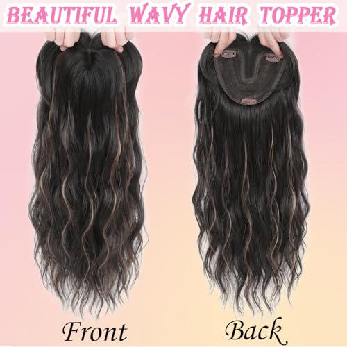 Hair Toppers for Women, 20 Inch Hand Tied Breathable Toppers Hairpieces for Women with Thinning Crown Middle Part Bangs Mix Human Hair Wavy Curly Lightweight Wiglets (Dark Brown Mixed Chestnut)