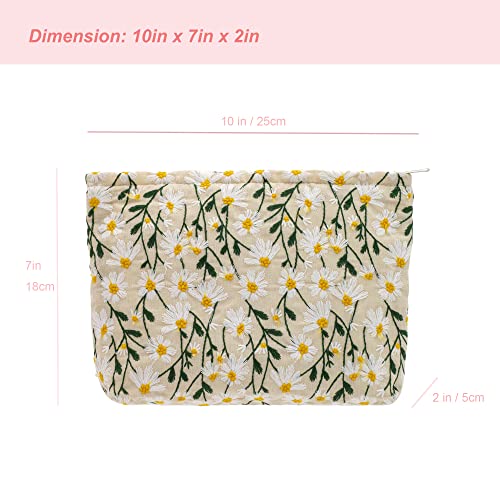 Makeup Bags for Purse Zipper Cosmetic Pouch Large Travel Canvas Make Up Organizer Tool Pouch for Women and Girls,Daisy White