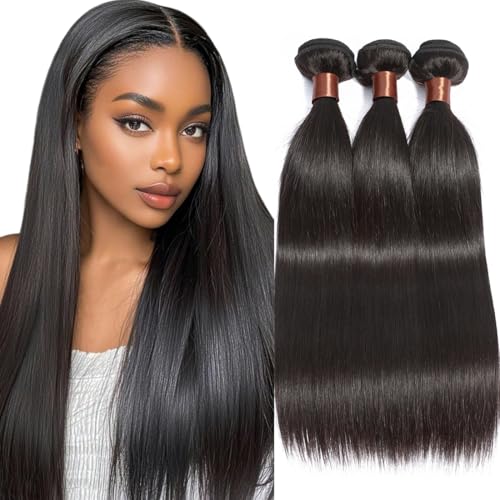 ANGIE QUEEN Peruvian Virgin Hair Straight Hair 3 Bundles 24 26 28 Inch Weaves 100% Unprocessed Human Hair Extentions Wefts Nature Black Color