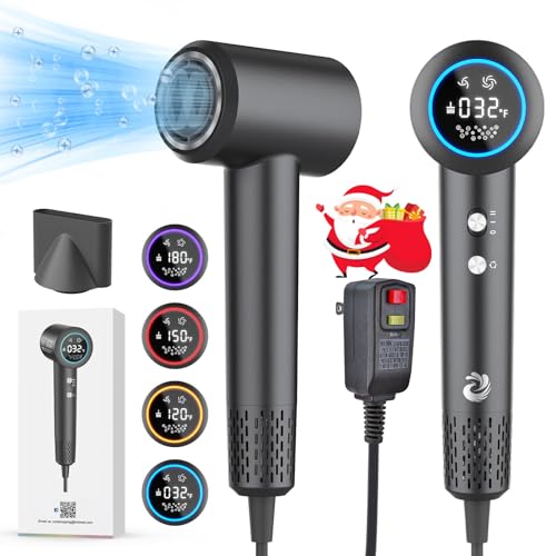 KARFUN Plasma Hair Dryer, 1500W High Speed Blow Dryer with Plasma Tech (Positive+Negative Ionic), LED Display, 5 Temps 2 Speed, Thermo-Control, Fast Drying Plasma Hairdryer for Home or Travel (Gray)