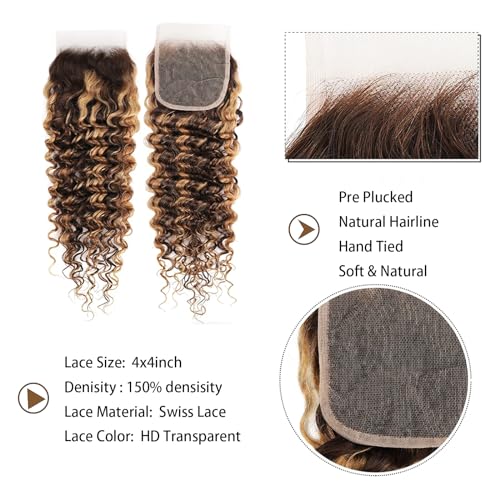 Highlight Bundles Human Hair with Closure (16 18 20 22+16inch) 10a Brazilian Deep Wave Human Hair 4 Bundles with 4x4 Closure 4/27 Color Ombre Brown Blonde