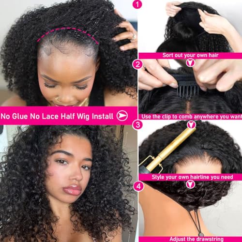 18 Inch Water Wave Half Wig Human Hair 200% Density Glueless 3-in-1 Seamless Flip Over Wear and Go Beginner Friendly Curly Half Wig Drawstring Headband Wig for Women