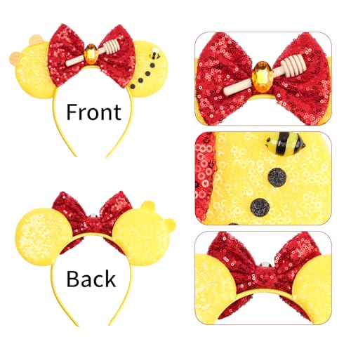 Golden Yellow Mouse Ears Headband, Red Sequin Bow with Honeycomb Accents for Theme Parks & Birthday Parties