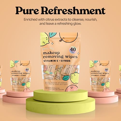 Pink Sky Makeup Remover Wipe for Face - Ultra Soft, Mini Makeup Wipes Individually Wrapped, Travel Makeup Wipe, Gently Cleanse & Remove, 40 Count (40 Wipes, VITAMIN C & CITRUS)