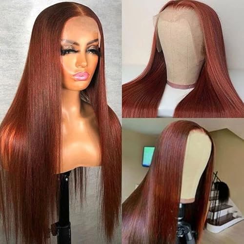 Reddish Brown Lace Front Wig - Human Hair with Baby Hair, Cooper Red, Glueless, Straight, Transparent Lace Front, 28inch (13x4)