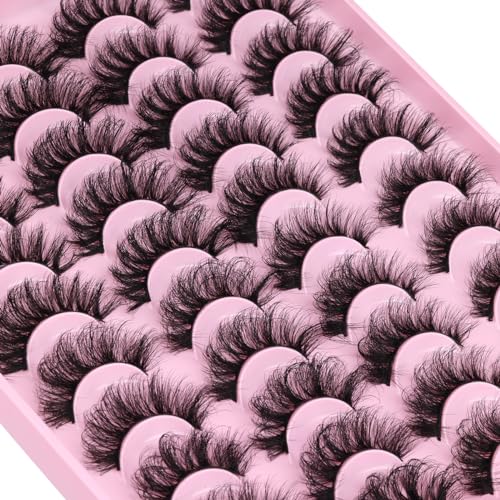 Mink Lashes Fluffy Faux Mink Eyelashes Wispy 20mm Long D-Curl Lashes Russian Cat Eye Strip Lashes Extensions Eyelashes Pack 20 Pairs