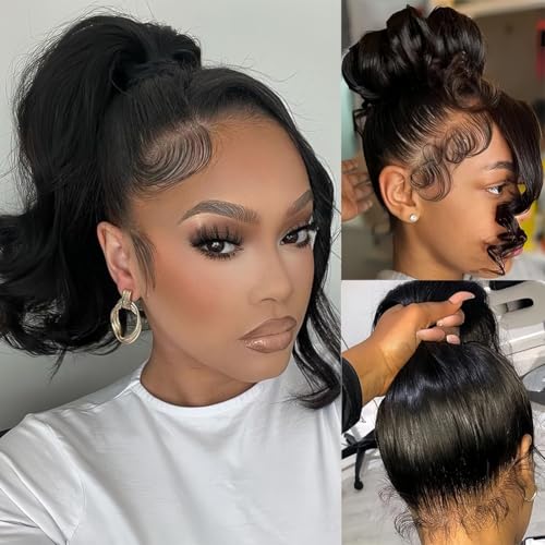 Body Wave 360 Lace Front Wigs Human Hair Pre Plucked Hidden Strap 20Inch 220% Density Drawstring Wig 360 HD Full Lace Human Hair Glueless Wigs for Black Women