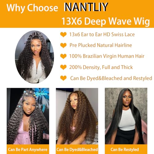 13x6 Deep Wave Lace Front Wigs 200% Density 13x6 HD Transparent Frontal Wigs for Women Deep Curly Glueless Wigs Pre Plucked with Baby Hair Natural Black (32Inch)