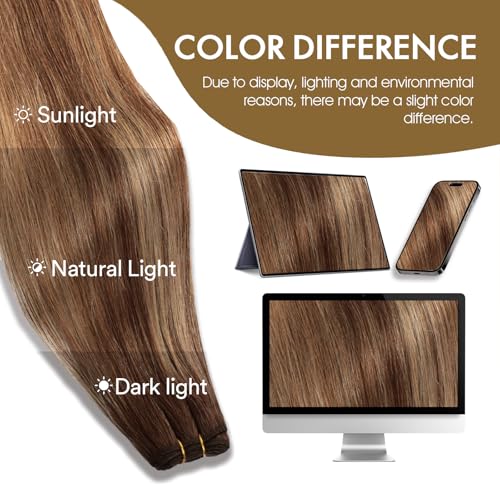 Sew in Hair Extensions Real Human Hair, 110g 20 inch Ombre Color 4/27/4 Balayage Chocolate Brown to Caramel Blonde Double Weft Weave Bundles Remy Human Hair Extensions Straight
