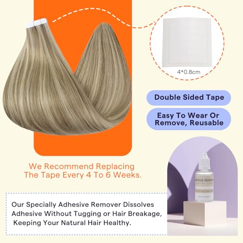 Full Shine Tape Ins Human Hair Extensions 20 Inch Color 16 Light Golden Blonde Highlighted 22 Blonde Tape in Hair Extensions Human Hair Natural Invisible 40PCS Seamless Skin Weft 100 Grams for Party