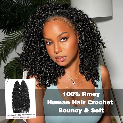 Beauty Queen Burmese Curly Crochet Human Hair 16inch 120g Knotless Pre-Separated Feather Human Crochet Hair Lightweight Reusable Remy Hair Extensions With Spiral Curl for Women Natural Black Color