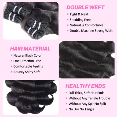 12A Bundles Human Hair 16 18 20 22 Inch Body Wave Human Hair Bundles 100% Unprocessed Brazilian Virgin Body Wave bundles human hair Quick Weave Extensions Natural Black