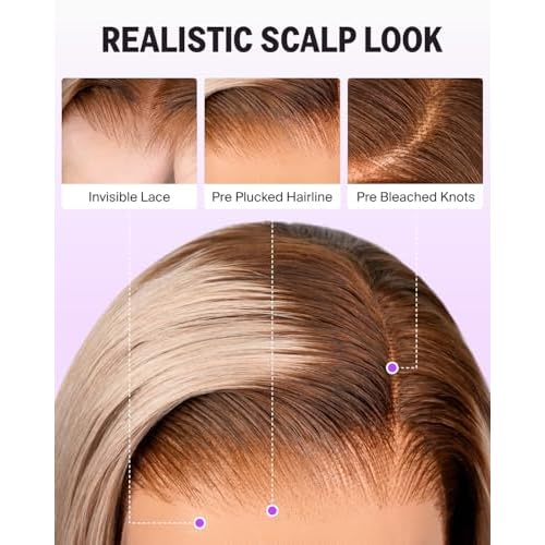 Ash Blonde Bob Wig Human Hair 13x4 HD Lace Frontal Wigs Pre Plucked with Baby Hair 20/Ash Blonde Ombre Lace Front Wig 210% Density Bleached Tiny Knots Straight Bob Wig 14 Inch