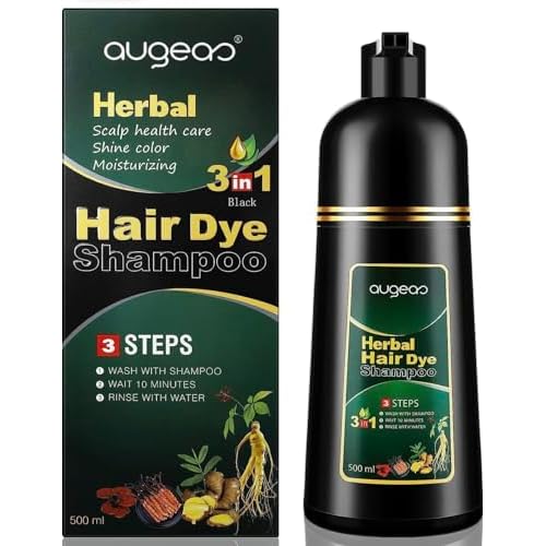 AUGEAS 500ML Black Permanent Hair Color Shampoo, 3 IN 1 Organic Herbal Fast Coloring Shampoo for Men and Women to Cover Grey/White Hair (BLACK)