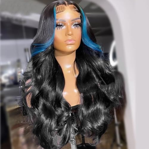 JYZ Skunk Stripe Wig Human Hair Lace Front Blue Lace Front Wig Human Hair Wavy 13X4 HD 200% Density Highlight Wigs Pre Plucked with Baby Hair 26inch Middle Part