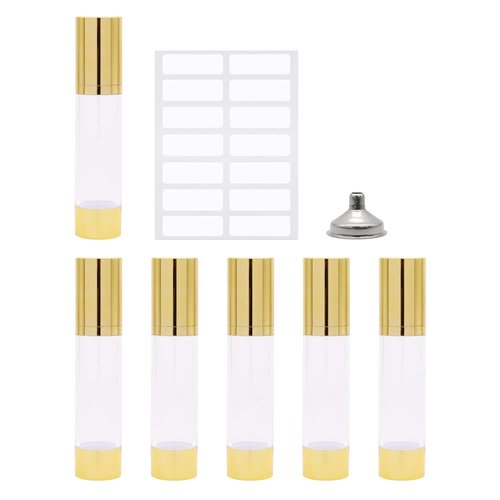 6Pcs 1.7oz/50ml Clear Airless Pump Bottles with Funnel and labels Sticker Travel Size Dispenser Refillable Cosmetic Containers For Foundations, Cream, Serums, Shampoo(Gold)