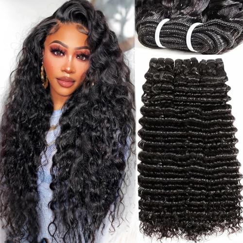 Human Hair Bundles 20 22 24 Inch Deep Wave Bundle 12A Brazilian 100% Unprocessed Virgin Human Hair 3 Bundles Deep Curly Wet and Wavy Human Hair Quick Weave Extensions for Women Natural Black