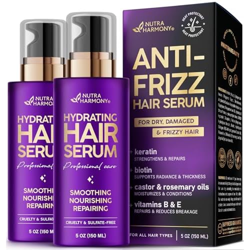 Hydrating Hair Serum ? Keratin Hair Treatment for Dry, Frizzy, Damaged Hair ? Biotin, Castor & Rosemary Oils ? Anti?Frizz, Heat Protectant & Split Ends Repair for Smooth, Shiny Hair, Pack of 2