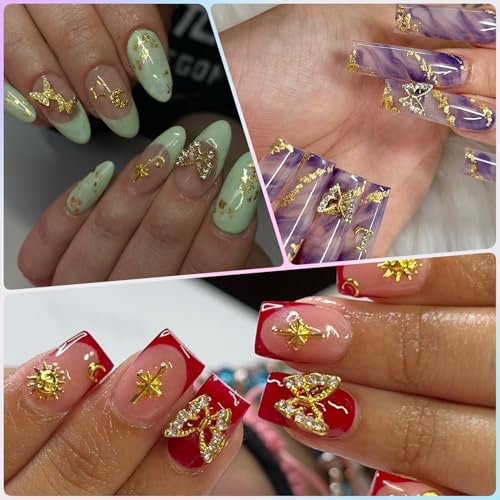 100Pcs Gold Nail Charms and Gems Charms for Nails Design Gold Charms for Nails Metal Bow Cherry Butterfly Cross Heart Star and Flowers