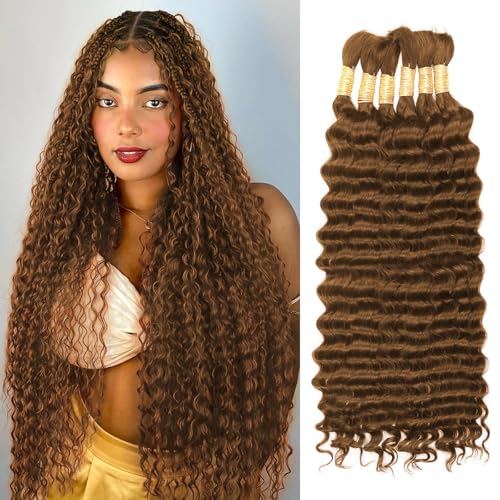Brown Human Braiding Hair for Boho Braids,150g 24 Inch 6 Bundles # 30 Deep Water Wave Bulk Boho Curly Human Hair Bundle for Braiding,12 A Auburn No Weft Wet and Wavy Knotless Braiding Hair Extensions