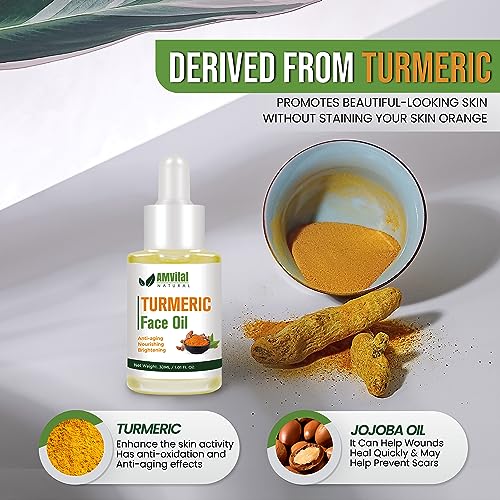 AMVital Turmeric Face Oil for Daily Use - Lightweight Facial Oil with Plant-Based Ingredients - Fast-Absorbing Formula for Smooth Looking Skin - 30ml Bottle