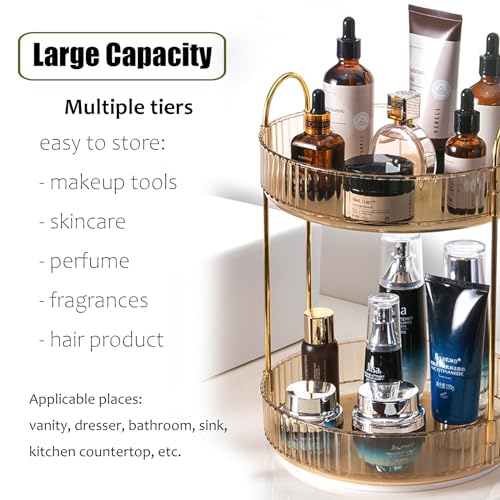Rotating Makeup Organizer Countertop 2 Tier Lazy Susan Trays Clear Skincare Perfume Storage for Bathroom Counter Vanity, Amber Gold