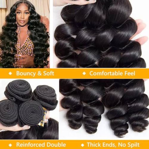 QTHAIR 16a Brazilian Loose Wave Human Hair Bundles for Black Women (18" 20" 20",Natural Black #1b) Loose Body Wave Human Hair Bundles Loose Wave