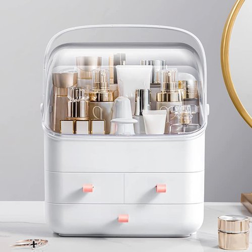 LINFIDITE Cosmetic Storage Box with Lid Makeup Organizer Box with Dust Free Cover Portable Handle,Large Makeup Display Case with Drawers Fully Open Lid,Great for Dresser Bathroom Countertop