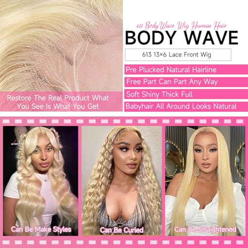 30 Inch 613 Lace Front Wig Human Hair 200 Density 613 HD Lace Frontal Wig 13x6 Blonde Body Wave Lace Front Wigs Human Hair Pre Plucked Blonde Wig Human Hair