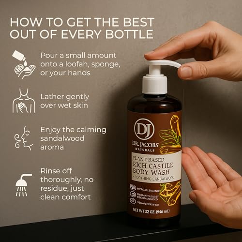 Dr. Jacobs Naturals Castile Sandalwood All-Natural Body Wash for Moisturizing Dry and Sensitive Skin with Plant-Based Ingredients with Pump - 32 Ounce
