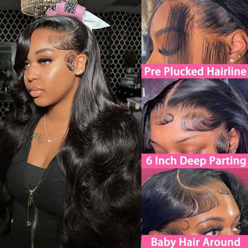 28 Inch 13x6 Lace Front Wigs Human Hair 200% Density Body Wave HD Lace Front Wigs Human Hair Pre Plucked Glueless 13x6 Full Frontal Wig for Women Natural Black