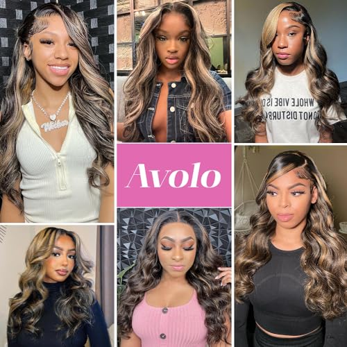 Avolo Ombre Lace Front Wig Human Hair Pre Plucked 1B/27 Highlight Wig Human Hair Body Wave 13x4 HD Lace Frontal Wigs Human Hair 180% Density Colored Wigs Human Hair skunk stripe wig 32 Inch