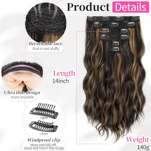 KooKaStyle Short Hair Extensions 6PCS 14 Inch Wavy Curly Hairpieces Synthetic Soft Lace Weft Clip in Hair Extensions-Balayage Dark Brown to Chestnut for Women