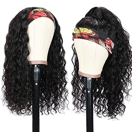 Long Headband Wig Human Hair Water Wave Headband Wigs for Women Curly Wigs Glueless No Lace Front Wig Brazilian Virgin Human Hair 180% Density Natural Black Color 28Inch