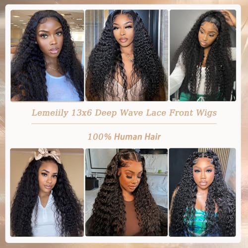 13x6 Deep Wave Lace Front Wigs Human Hair 200 Density 28 Inch Curly Wig 13x6 HD Lace Front Wigs Human Hair Glueless Wigs Human Hair Pre Plucked for Black Women Natural Color