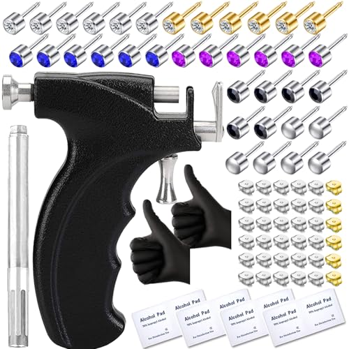 Professional Ear Piercing Gun Kit with 18 Pairs of CZ Stones Stud Earrings and Pro Black Ear Piercing Gun 8 Alcohol Pads for Salon and Home Use