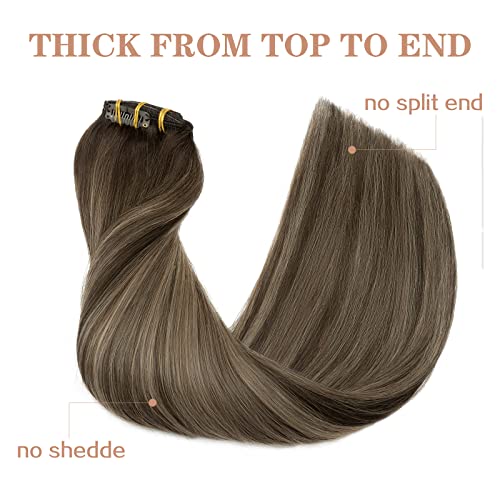 S-noilite Clip in Hair Extensions Real Human Hair 20 Inch Balayage Dark Brown Mixed Chestnut Brown 7pcs 120g Double Weft Thick Silky Seamless Remy Clip in Hair Extensions-#(T2/6)/2