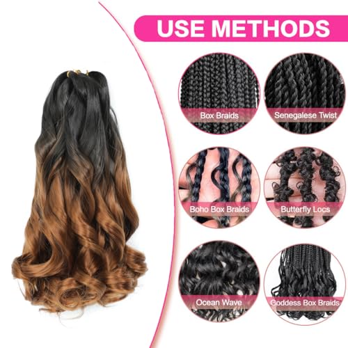 French Curl Braiding Hair 14 Inch 8 Packs French Culy Braiding Hair Ombre Brown Loose Wavy Synthetic Hair Extensions for Black Women (14 inch 8 Pcs, B29)