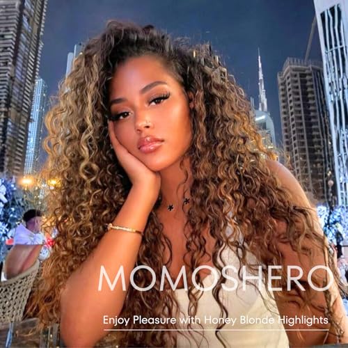 Highlight Honey Blonde Curly Bundles With Frontal 14 16 18+14 Inch, Water Wave 4/27 Ombre Color Bundles 13x4 Closure Ear to Ear Melt Lace, 100% Virgin Human Hair Wet And Wavy Brown Weave With Frontal