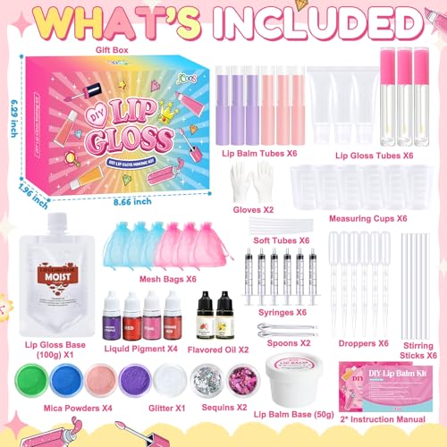 JCOOS Lip Gloss Making Kit and Lip Balm Making Kit, Make Your Own Lip Gloss Kit, Lip Balm Kit, Lipgloss Tubes, Moisturizing Base, Glitter, Kids Makeup Lipgloss Sets for Girls, Fun Stuff for Teens Gift