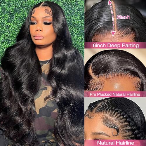 13x6 Lace Front Wigs Human Hair Pre Plucked 200% Density Body Wave HD Lace Front Wigs Human Hair Transparent Frontal Glueless Wigs Virgin Human Hair with Baby Hair for Women 32 Inch Natural Black