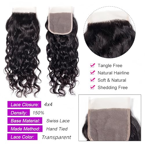 Brazilian Water Wave Bundles With Lace Closure - Wet and Wavy Human Hair 5 Bundles (50g/bundle) With 4x4 Free Part Closure - Deep Curly (8/8/8/8/8+8" Closure)