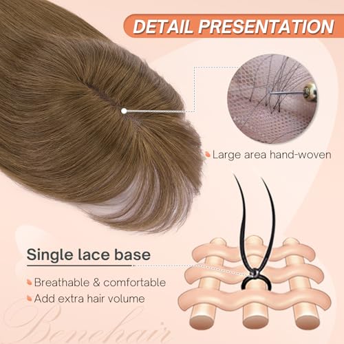 Benehair Hair Toppers for Women Real Human Hair 360¡Æ3D Clip in Bangs Toppers with Bang for Thinning 150% Density Hairpieces Long Coverage Wiglet for Daily Use #04 Medium Brown 14Inch