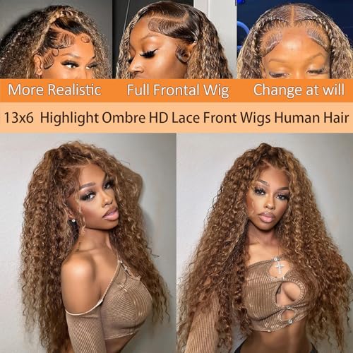 AKUZO 13x6 Ombre Honey Blonde Deep Wave Lace Front Wigs Human Hair Highlight Deep Curly Wig Pre Plucked 200% Density 4/27 HD Transparent Lace Frontal Glueless Wigs for Black Women 26inch