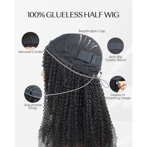 Burmese Curly Half Wig Human Hair 200% Density Put on and Go Glueless Wigs with Drawstring 3 In 1 Flip Over Headband Wig for Women Beginner Friendly 18 inch