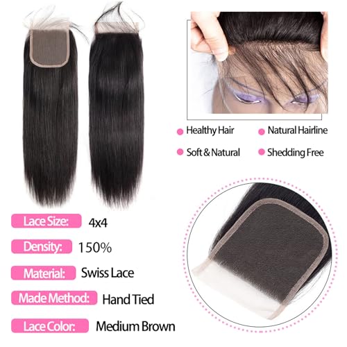 10A Straight Bundles with Closure 24 26 28 with 20 Inch Human Hair Bundles with Closure 100% Unprocessed Brazilian Virgin Human Hair Weave with Closure HD Lace