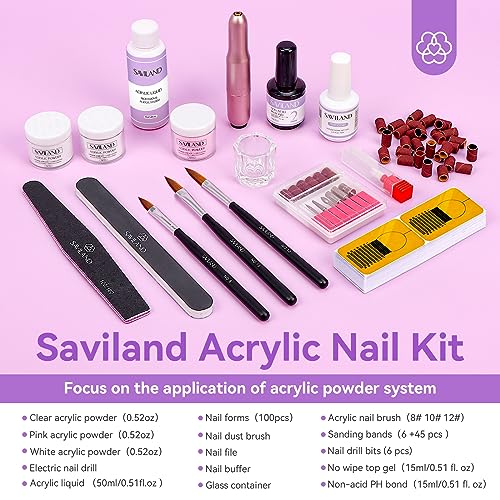 SAVILAND Essentials Acrylic Nail Kit with Drill: 15g White Pink Clear Acrylic Powder and Liquid, 100 Forms, Brushes, Primer, Top Gel & Tools ? Extension Nail Kit for Beginners with Everything Home Use