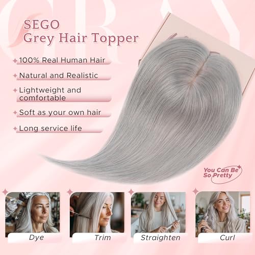 SEGO Grey Hair Toppers for Women Real Human Hair No Bangs, 7 * 13 CM Silk Base Clip In Topper Wiglet, Top Pieces Add Volume -14 Inch G1 Silver Grey