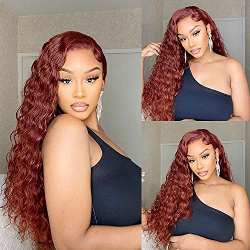 Siyun Show 13x4 Reddish Brown Deep Wave Lace Front Wigs Human Hair Wigs for Black Women Auburn Deep Curly Human Hair Wig 32 Inch